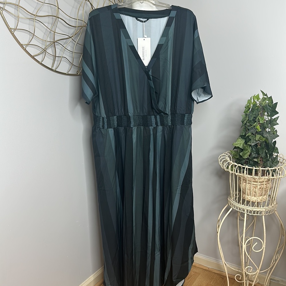🆕NWT Bloomchicc Green/Black Stripped Maxi Dress